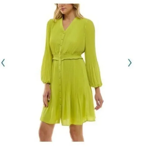 Nanette Lepore Women’s Size 14 Long Sleeve Pleated Button Up Dress Green - Picture 4 of 16